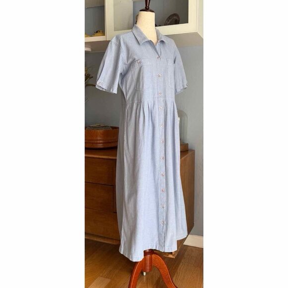 Vtg Jennifer Moore Cotton Chambray Button Shirtdress Midi Modest Sz S Minimalist - Picture 2 of 9